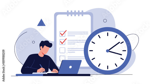 Focused student or professional managing his tasks and deadlines next to a large blue clock and a completed checklist at desk.