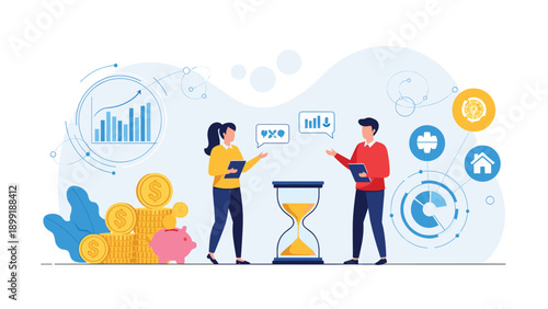 Financial advisors discuss time management and long term investment strategies for various life goals with a client.