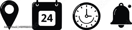 This image features a set of four bold, black icons commonly used in digital interfaces, event planning, and scheduling apps. They represent the core logistical information for an event or appointment