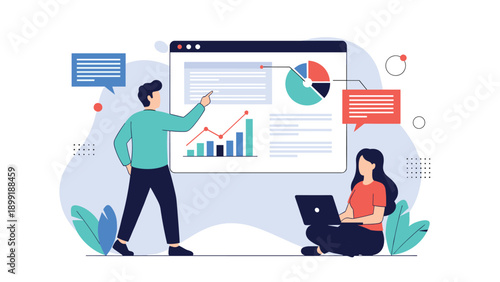 Business team analyzes performance metrics and data visualizations on a large screen during a collaborative workspace session.