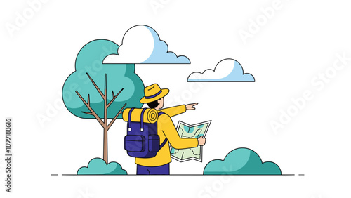 Hiker with a backpack and map stands in a beautiful landscape while planning his next route through the trees and hills.