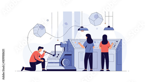 Technical team operates complex machinery and control panels in a modern industrial factory to ensure efficient production.