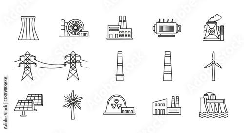 Collection of industrial energy generation icons and symbols.