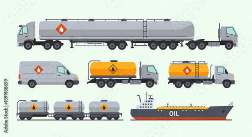 Various fuel transport vehicles including trucks and a ship.