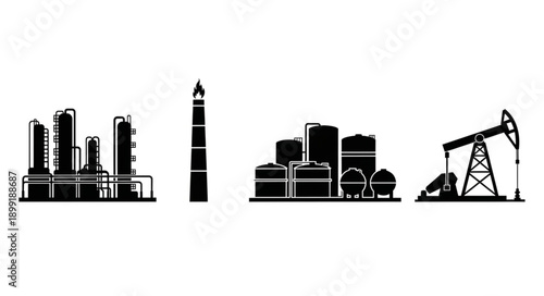 Industrial oil and gas refinery and extraction equipment silhouettes.