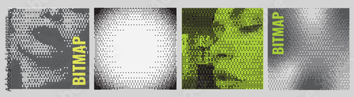 Retro dithered bitmap banners with halftone pixel portraits and grunge textures. Neon-accented y2k gradients for cyberpunk posters, web backgrounds, music covers and vintage digital design templates.