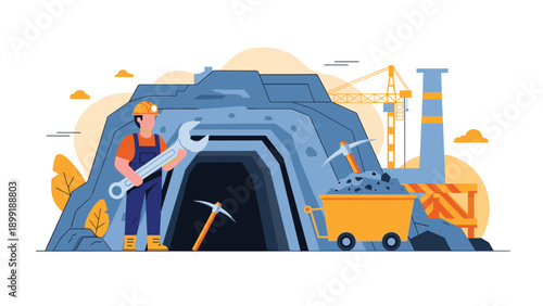 Professional miner wearing a hard hat and holding a large wrench stands at a mine entrance with industrial equipment in the background.