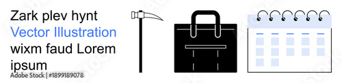 Business planning, work organization, industry tools, time management, professional tools, productivity. A pickaxe, briefcase and calendar. Business planning and work organization concept