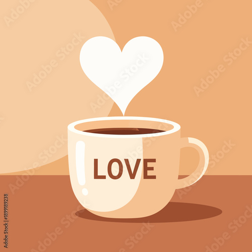 A warm cup of coffee with a heart rising from it, symbolizing love in a cozy environment.