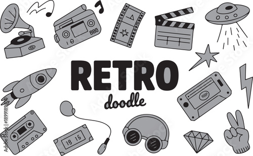 A delightful collection of retro inspired grey doodles showcasing vintage technology and nostalgic pop culture items