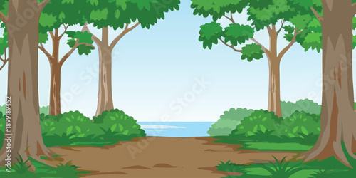 A simple cartoon illustration depicts a path leading towards a bright blue sea