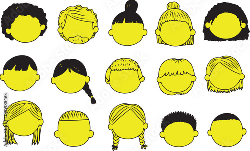 A diverse array of blank yellow human face shapes featuring various black hairstyles and hair types
