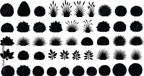 Black silhouette collection of various bushes, shrubs, grasses, and garden plants for nature landscape and backyard environmental design, isolated on white