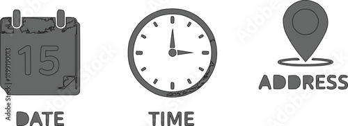 This image shows a set of three icons commonly used to provide logistical information for events, appointments, or meetings.