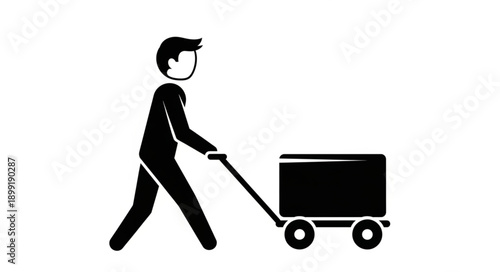 Man pushing a cart with a box on it silhouette.