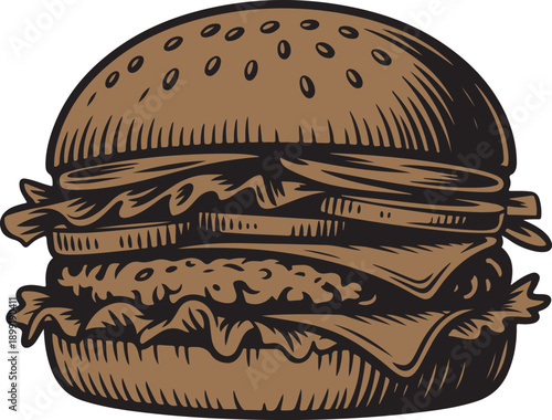 An intricate brown illustration of a gourmet burger featuring a patty, lettuce, cheese, and fresh tomato