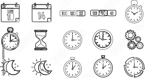 This image is a collection of line-art icons centered around the themes of time, scheduling, and duration. These types of icon sets are commonly used in  design for productivity apps, planners, or tec