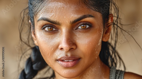 Intense gaze of a woman practicing yoga fitness studio closeup shot natural light empowerment