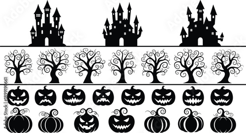 Halloween silhouette collection featuring spooky haunted castles creepy gnarled trees and various jack o lantern pumpkin faces for festive holiday graphic design