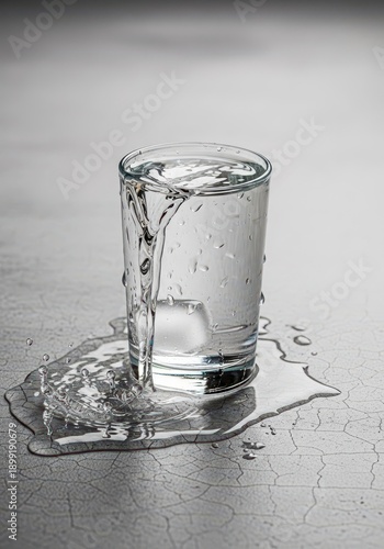 Clear glass beverage cup overflowing and actively leaking water onto a dry surface, symbolizing waste, maintenance, or problems, repair, wet, container