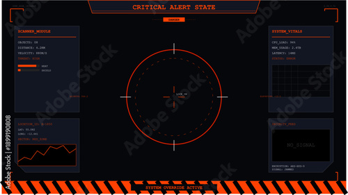 Futuristic heads up display showing critical alert state with system vitals and target lock