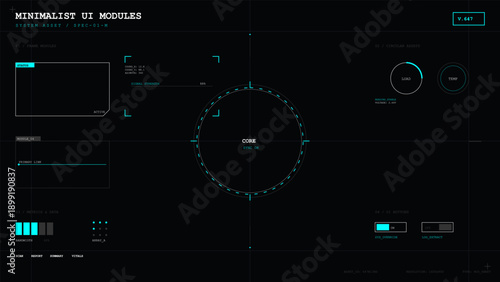 Futuristic heads up display interface with minimalist data modules and system status indicators