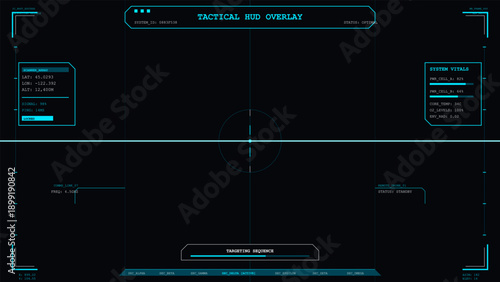 Futuristic tactical heads-up display interface with targeting sequence and system vitals data