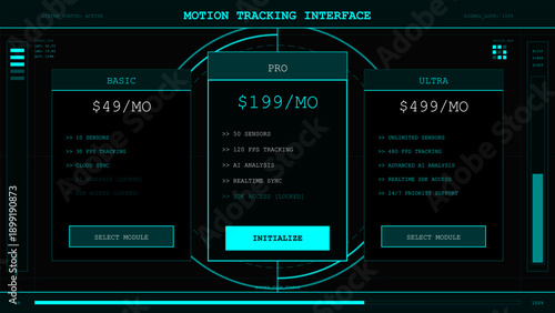 Futuristic motion tracking software interface displaying subscription pricing plans and technical features