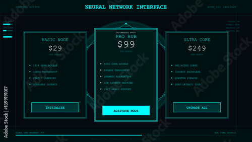 Futuristic neural network interface screen displaying subscription plans and technical data