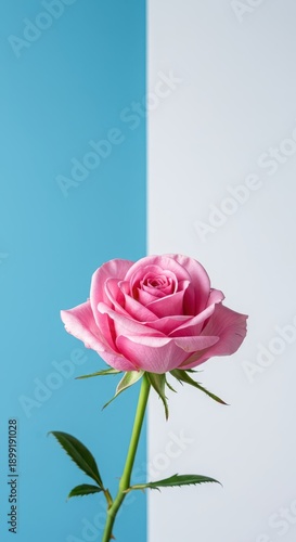 Delicate pink rose bloom isolated against a serene cool blue and white backdrop, symbolizing love and tranquility, delicate, simple, petal