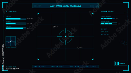 Futuristic tactical drone overlay display showing flight data and target tracking interface