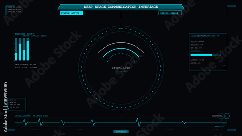 Futuristic deep space communication interface showing active signal lock and data stream