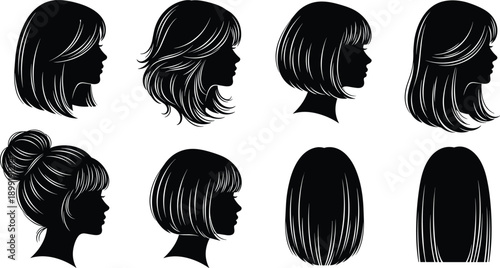 Set of elegant female hairstyle silhouettes, black hair icons for beauty salon branding, variety of haircuts and bobs isolated on white.