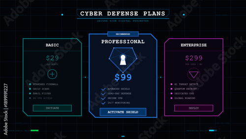 Cybersecurity defense plans comparison table subscription tiers and features dark futuristic interface