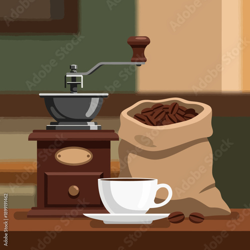 A coffee grinder sits on a table next to a bag of coffee beans and a cup.