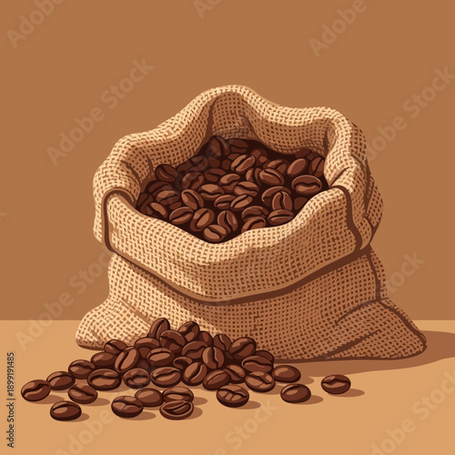 A burlap bag overflowing with roasted coffee beans scattered on a table indoors.