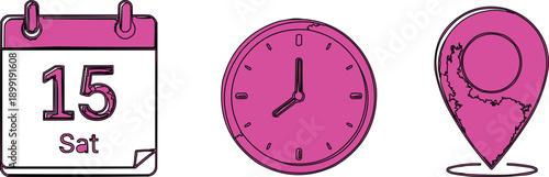 Vector illustration of a pink and purple clock face set with colorful alarm timers and circular wall dials for business office work time management concepts