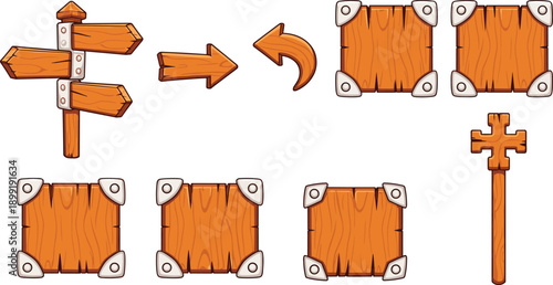 Set of cartoon wooden signboards, arrows, and UI buttons for game interface, rustic timber planks with metal rivets isolated on white.