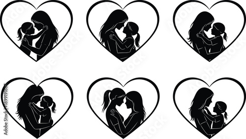 Set of mother and daughter silhouettes in heart shapes, maternal love concept for Mothers Day, family bonding icons isolated on white.