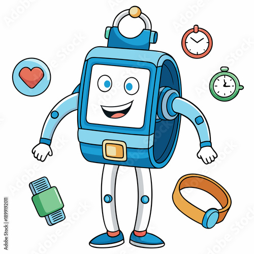 A friendly robot surrounded by various symbols representing different activities and services Vector