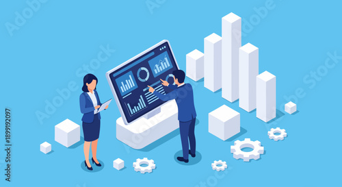 Two professionals analyze a digital dashboard of charts in a blue isometric scene, surrounded by rising 3D columns and gears that symbolize the mechanics of data-driven business growth