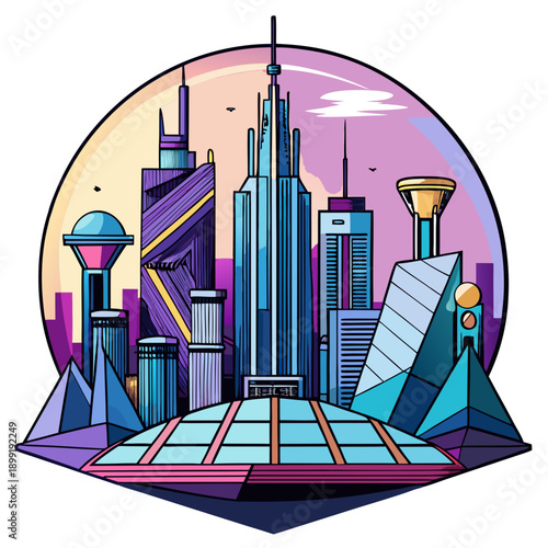 A futuristic cityscape with towering skyscrapers and a vibrant, glowing atmosphere Vector