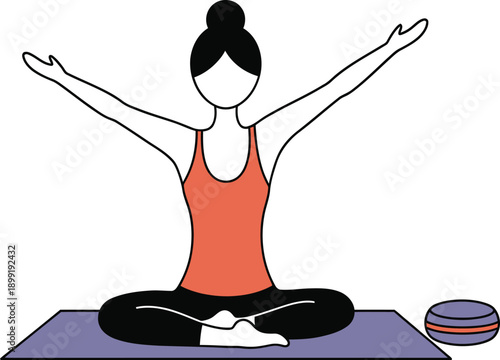 Minimalist illustration of a woman practicing yoga with a meditation cushion and peaceful energy