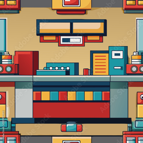 A vibrant and colorful illustration of a bustling kitchen with various appliances and utensils. Vector