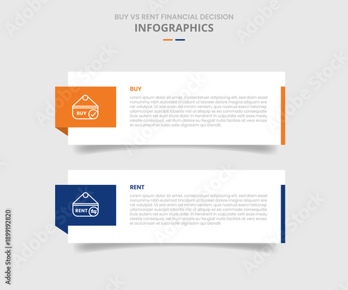 Buy vs rent comparison for infographic with drop shadow style with big rectangle box container with badge on side two point list information
