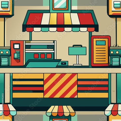 A vibrant and bustling food court with a diverse array of colorful food stalls Vector