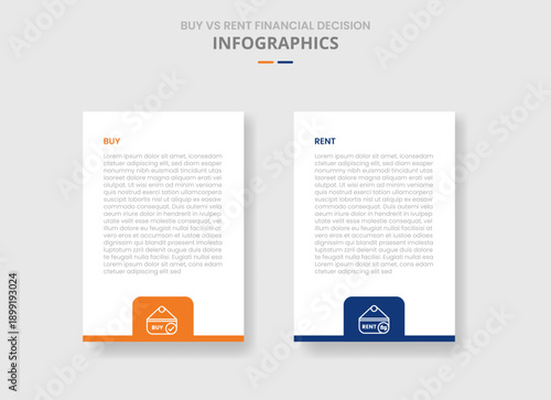 Buy vs rent comparison for infographic with drop shadow style with vertical box with badge on bottom two point list information