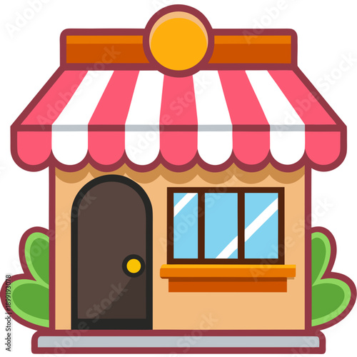 A charming small storefront with a red and white striped awning and a yellow sign Vector