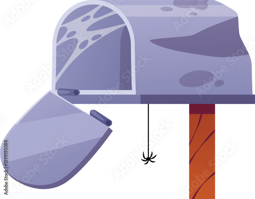 An old, abandoned metal mailbox with an open broken door, a spiderweb, a spider, and dirt.