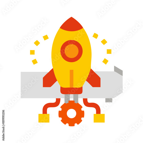 A vibrant illustration of a rocket ship with gears and sparkles taking off into space Vector